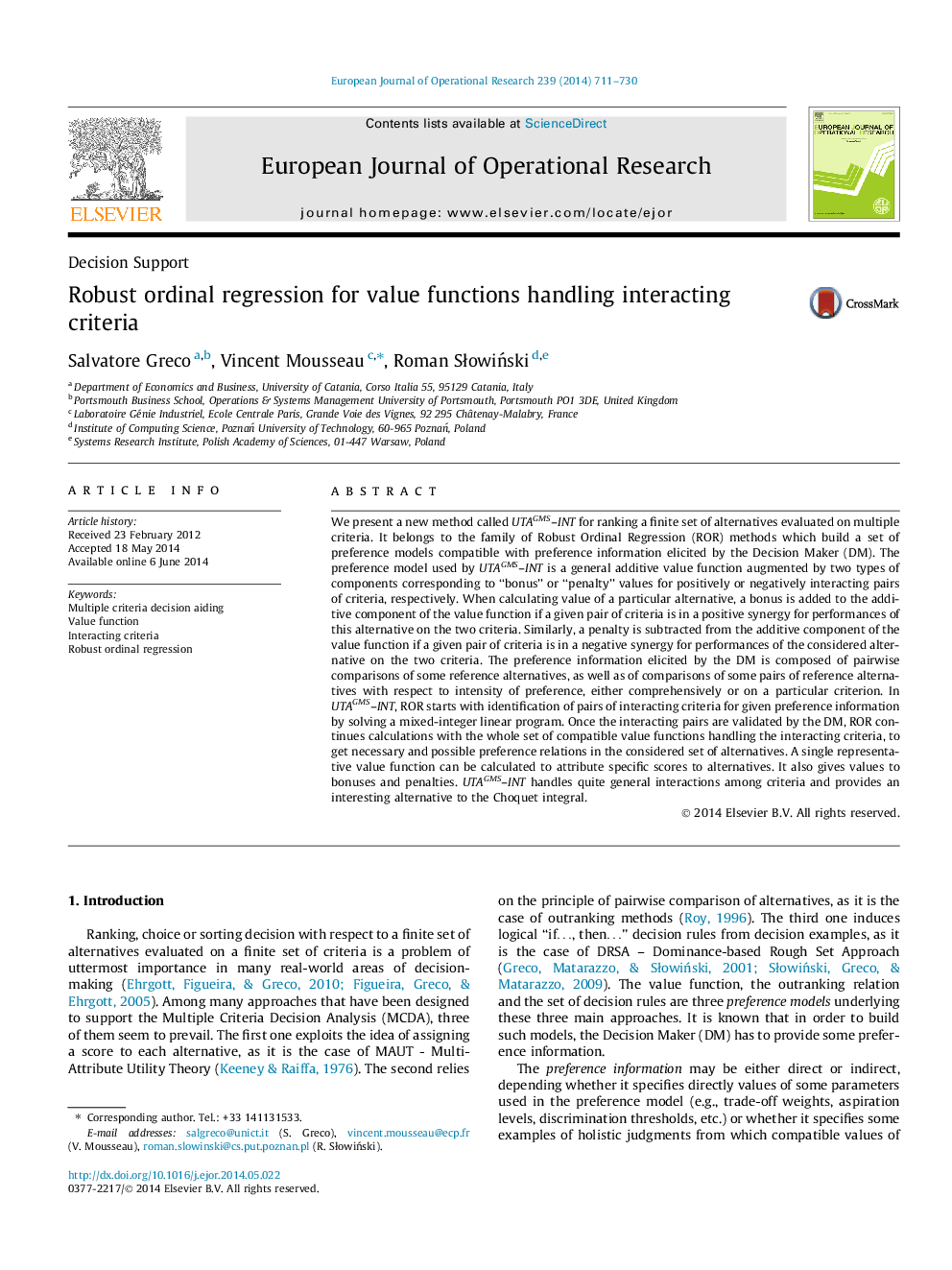 Robust ordinal regression for value functions handling interacting criteria