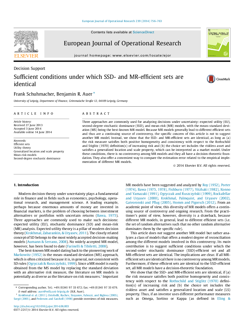 Sufficient conditions under which SSD- and MR-efficient sets are identical