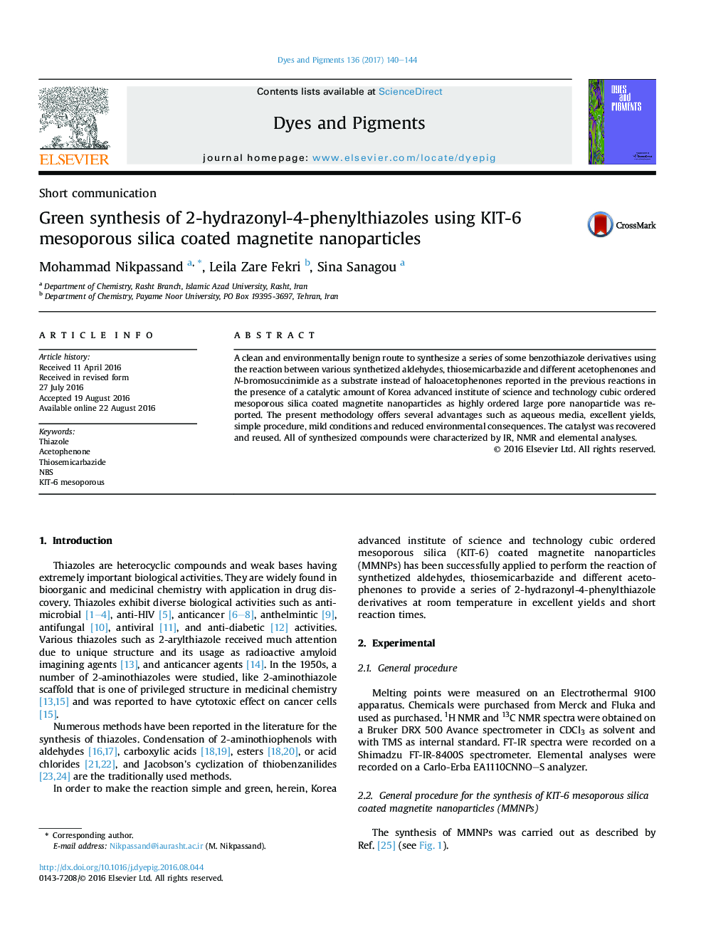 Green synthesis of 2-hydrazonyl-4-phenylthiazoles using KIT-6 mesoporous silica coated magnetite nanoparticles