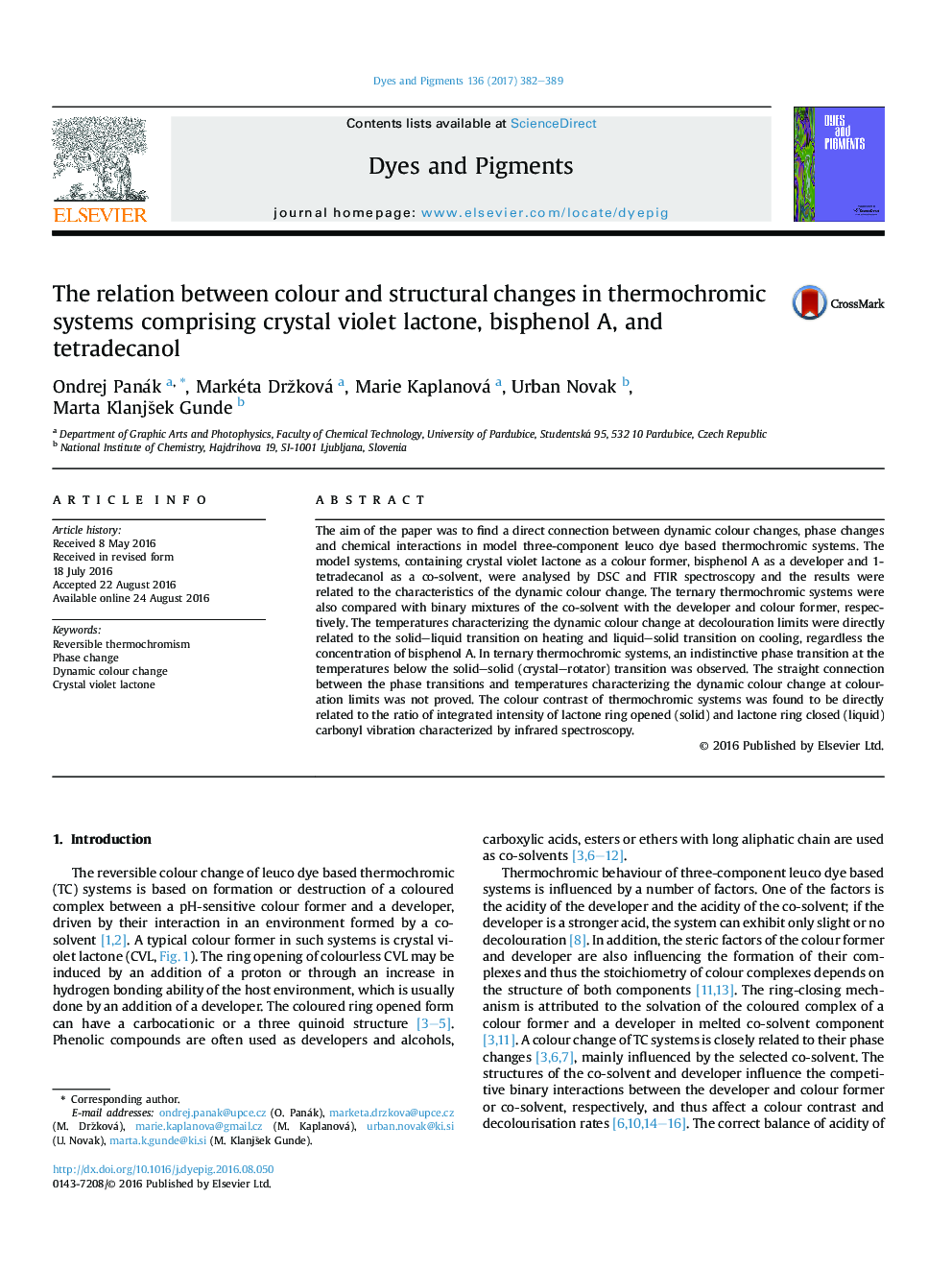 The relation between colour and structural changes in thermochromic systems comprising crystal violet lactone, bisphenol A, and tetradecanol