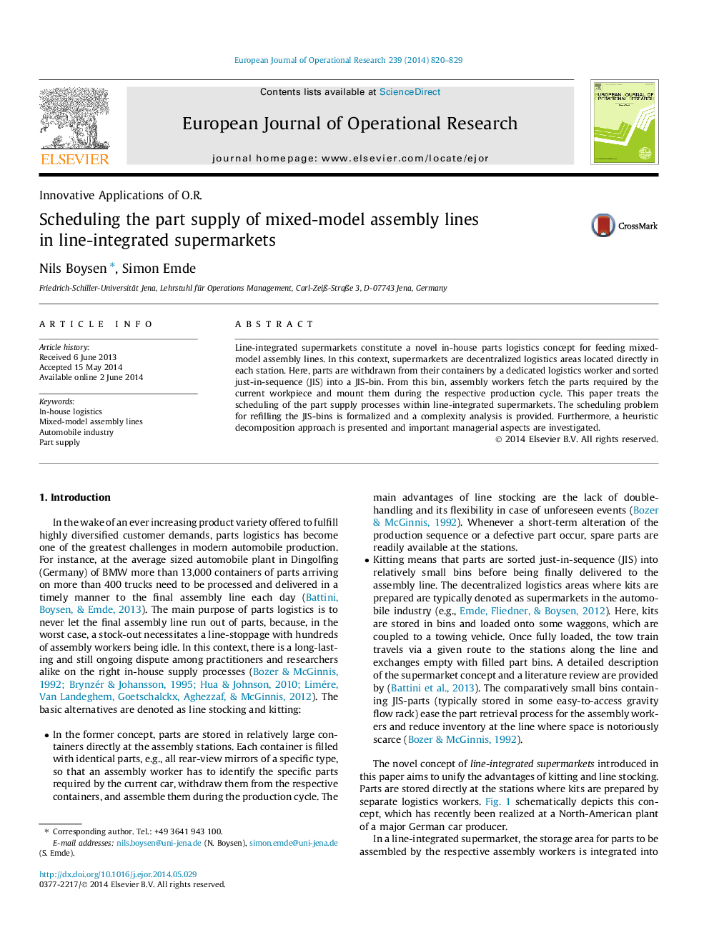 Scheduling the part supply of mixed-model assembly lines in line-integrated supermarkets