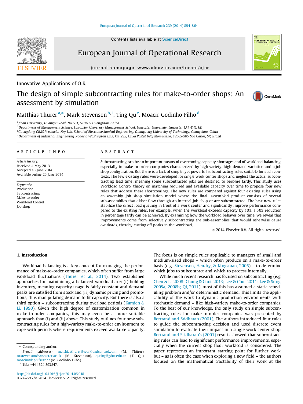 The design of simple subcontracting rules for make-to-order shops: An assessment by simulation