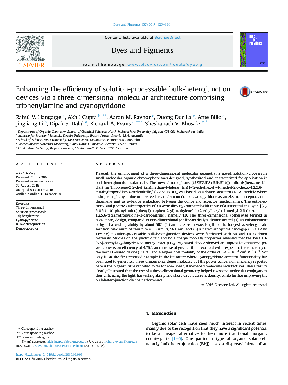 Enhancing the efficiency of solution-processable bulk-heterojunction devices via a three-dimensional molecular architecture comprising triphenylamine and cyanopyridone