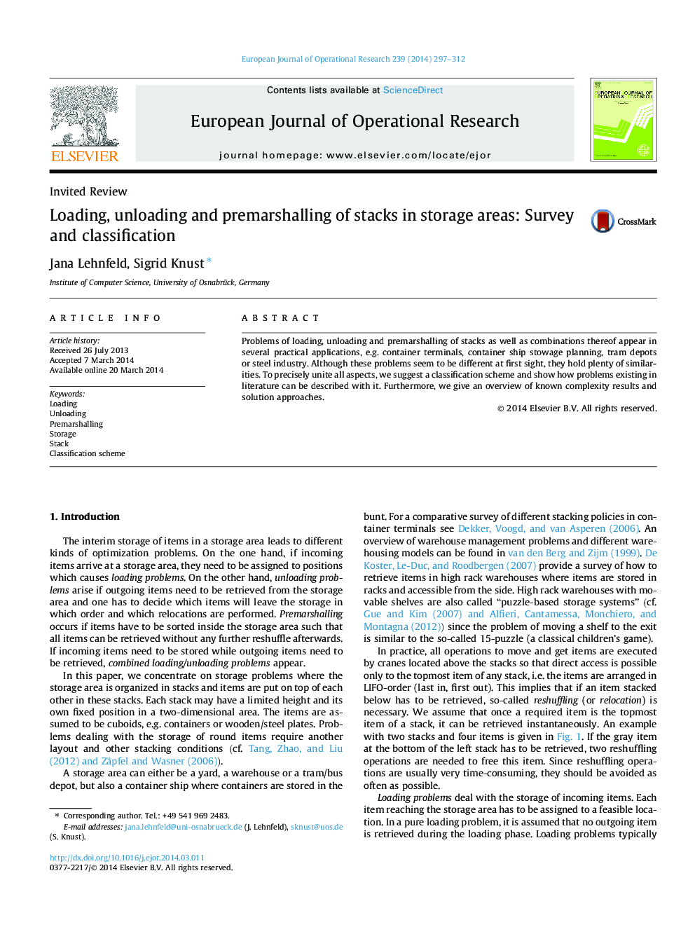 Loading, unloading and premarshalling of stacks in storage areas: Survey and classification