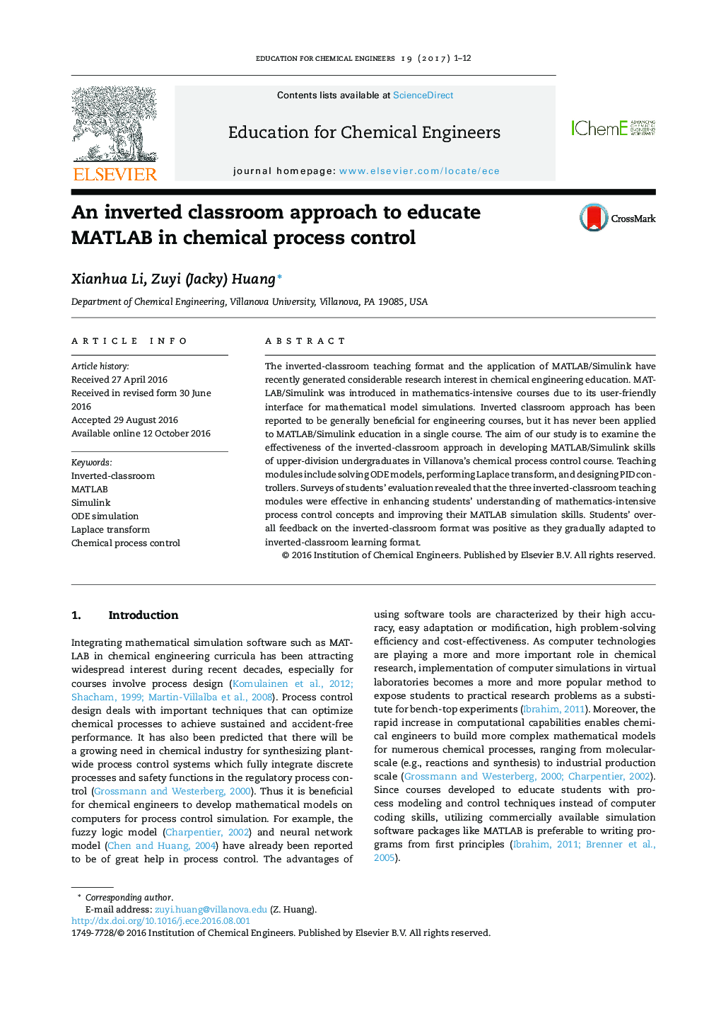 An inverted classroom approach to educate MATLAB in chemical process control