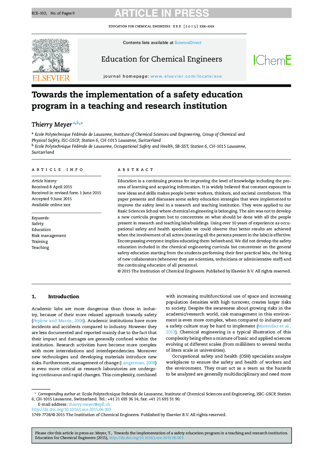 Towards the implementation of a safety education program in a teaching and research institution