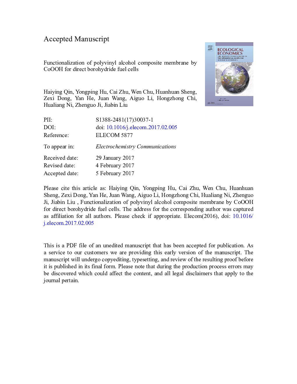 Functionalization of polyvinyl alcohol composite membrane by CoOOH for direct borohydride fuel cells