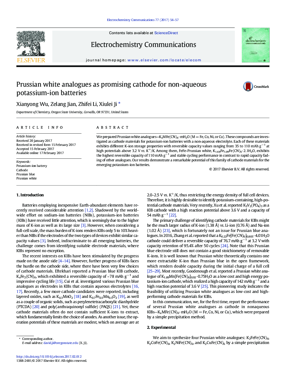 Prussian white analogues as promising cathode for non-aqueous potassium-ion batteries