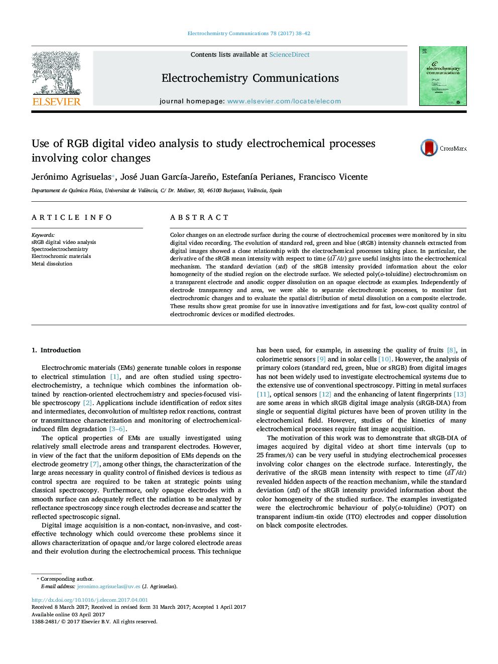 Use of RGB digital video analysis to study electrochemical processes involving color changes