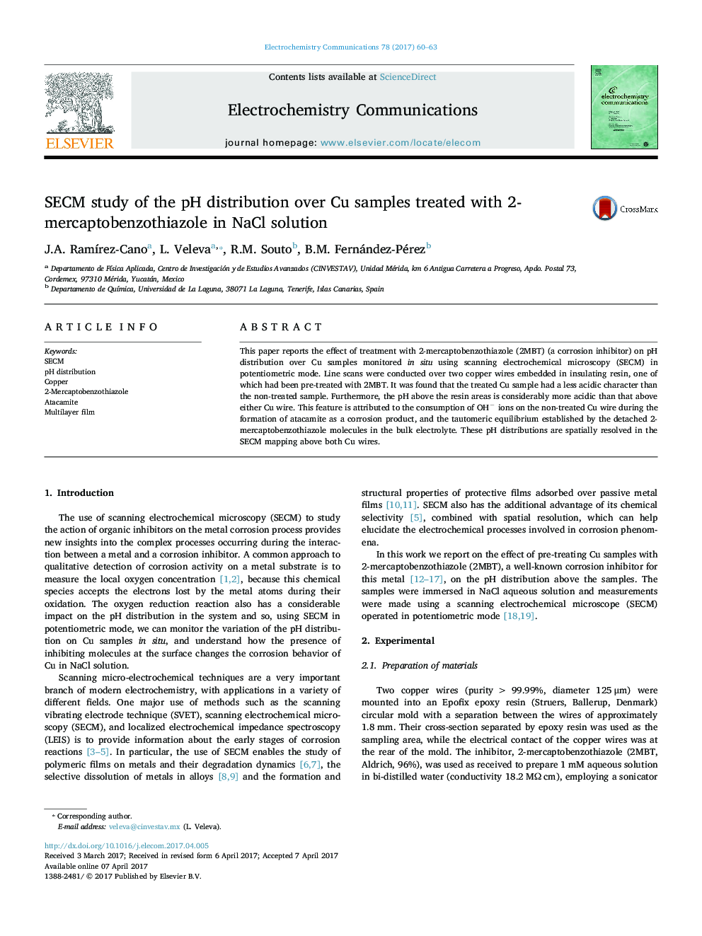 SECM study of the pH distribution over Cu samples treated with 2-mercaptobenzothiazole in NaCl solution