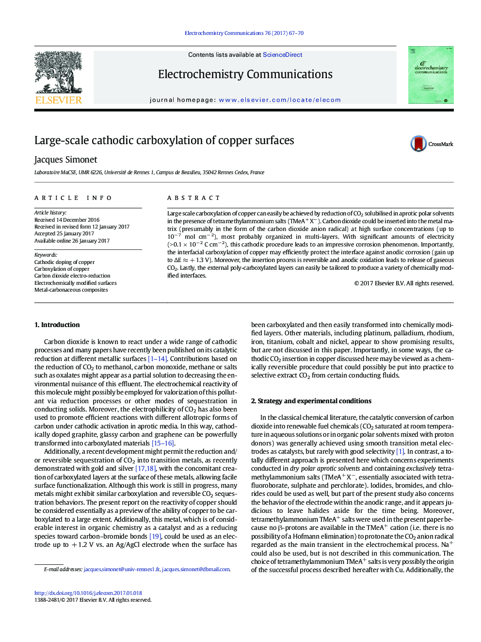 Large-scale cathodic carboxylation of copper surfaces