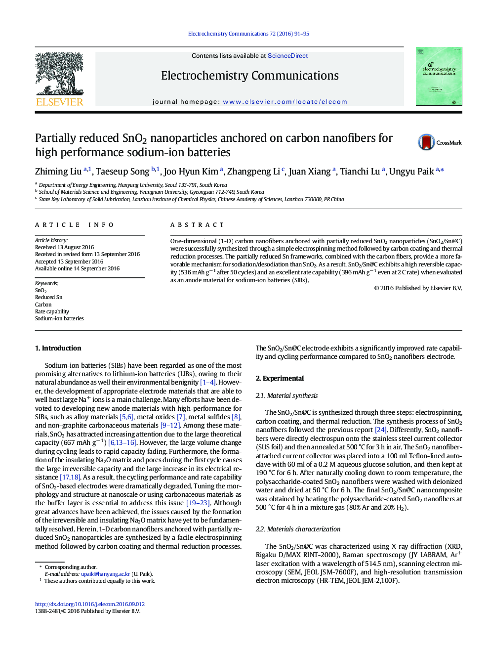 Partially reduced SnO2 nanoparticles anchored on carbon nanofibers for high performance sodium-ion batteries
