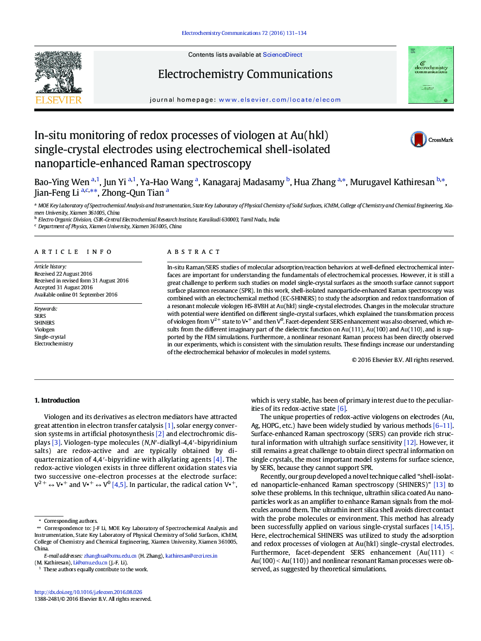 In-situ monitoring of redox processes of viologen at Au(hkl) single-crystal electrodes using electrochemical shell-isolated nanoparticle-enhanced Raman spectroscopy