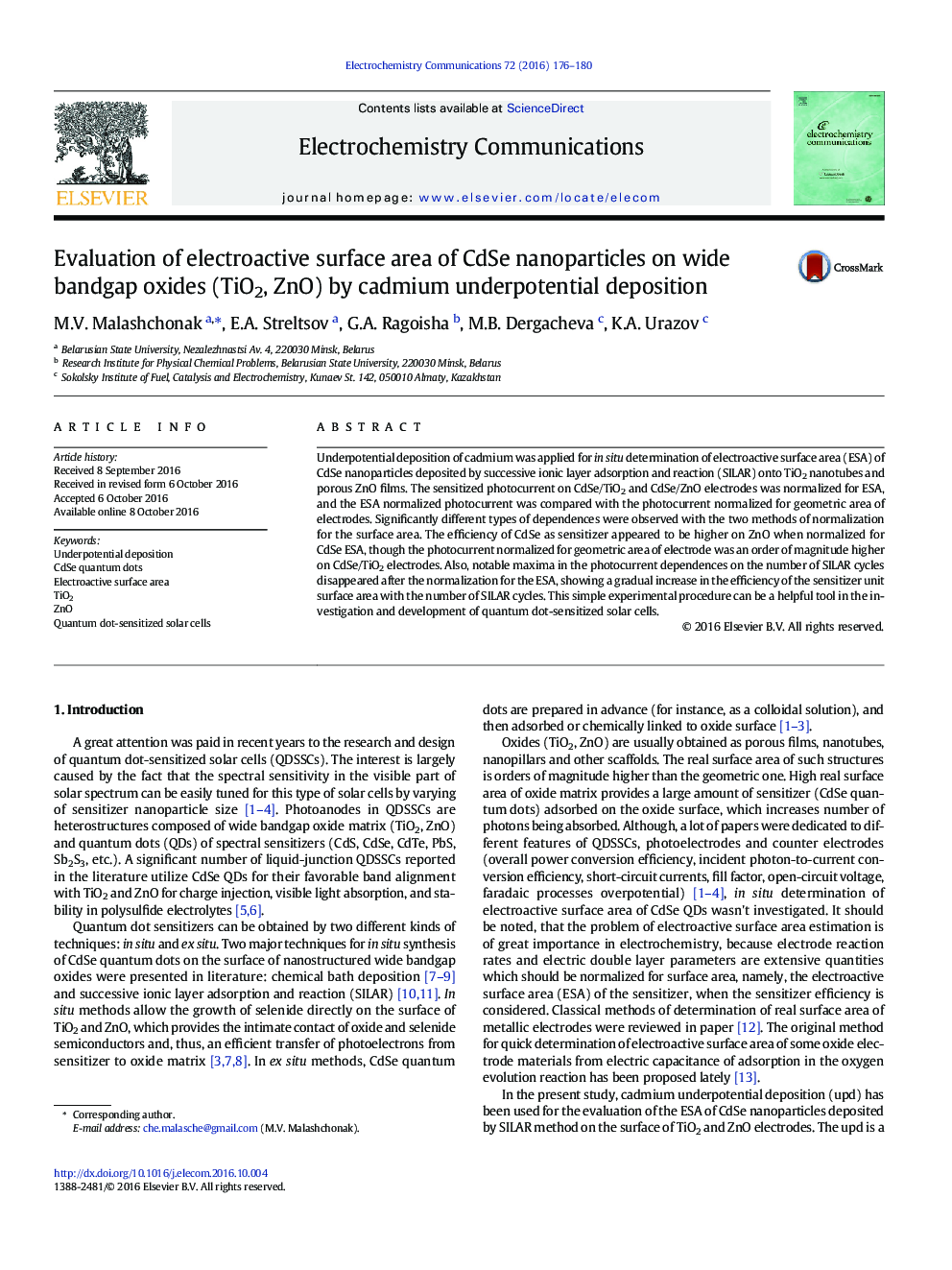 Evaluation of electroactive surface area of CdSe nanoparticles on wide bandgap oxides (TiO2, ZnO) by cadmium underpotential deposition