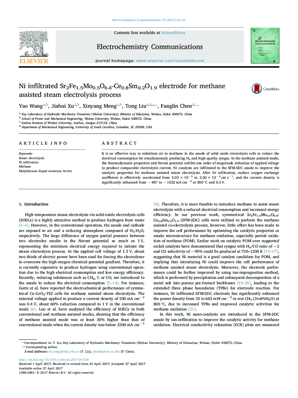 Ni infiltrated Sr2Fe1.5Mo0.5O6-δ-Ce0.8Sm0.2O1.9 electrode for methane assisted steam electrolysis process