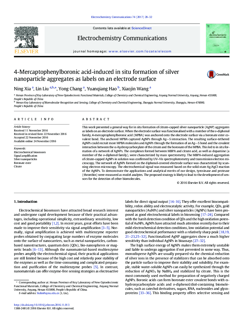 4-Mercaptophenylboronic acid-induced in situ formation of silver nanoparticle aggregates as labels on an electrode surface