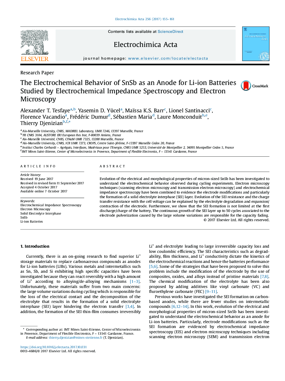 The Electrochemical Behavior of SnSb as an Anode for Li-ion Batteries Studied by Electrochemical Impedance Spectroscopy and Electron Microscopy