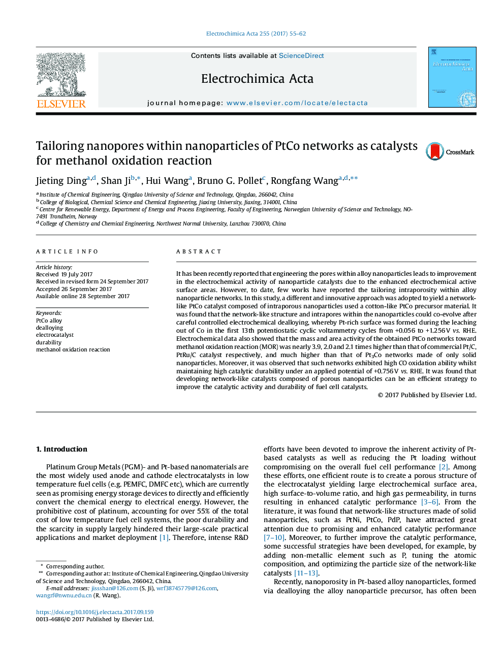 Tailoring nanopores within nanoparticles of PtCo networks as catalysts for methanol oxidation reaction