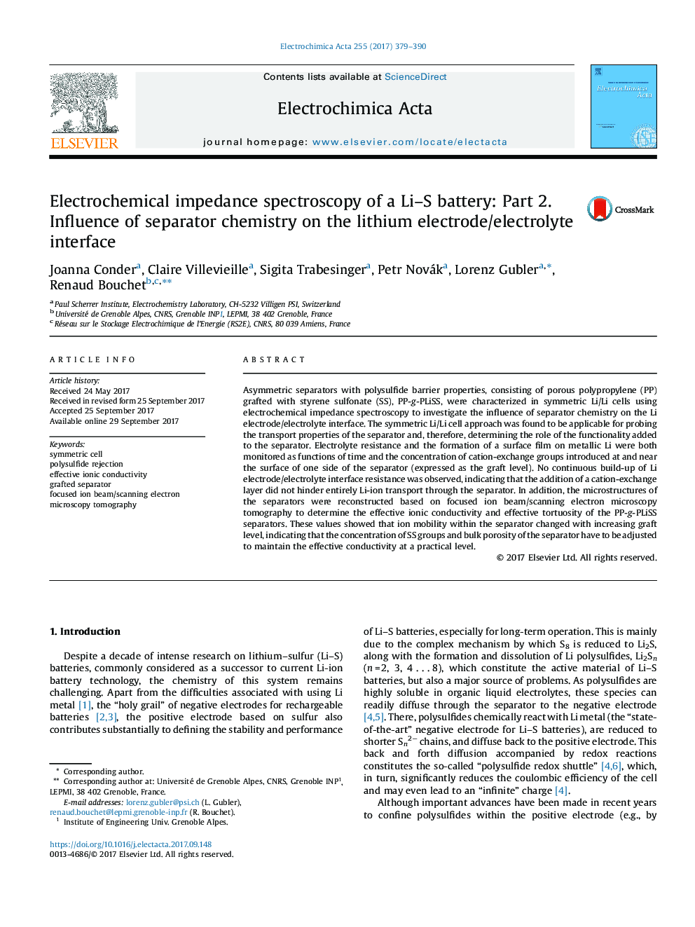 Electrochemical impedance spectroscopy of a Li-S battery: Part 2. Influence of separator chemistry on the lithium electrode/electrolyte interface