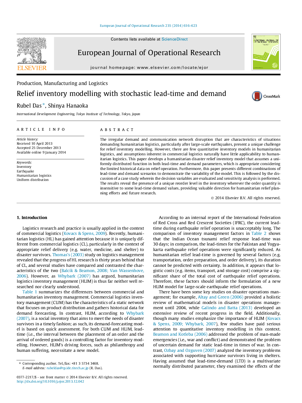 Relief inventory modelling with stochastic lead-time and demand