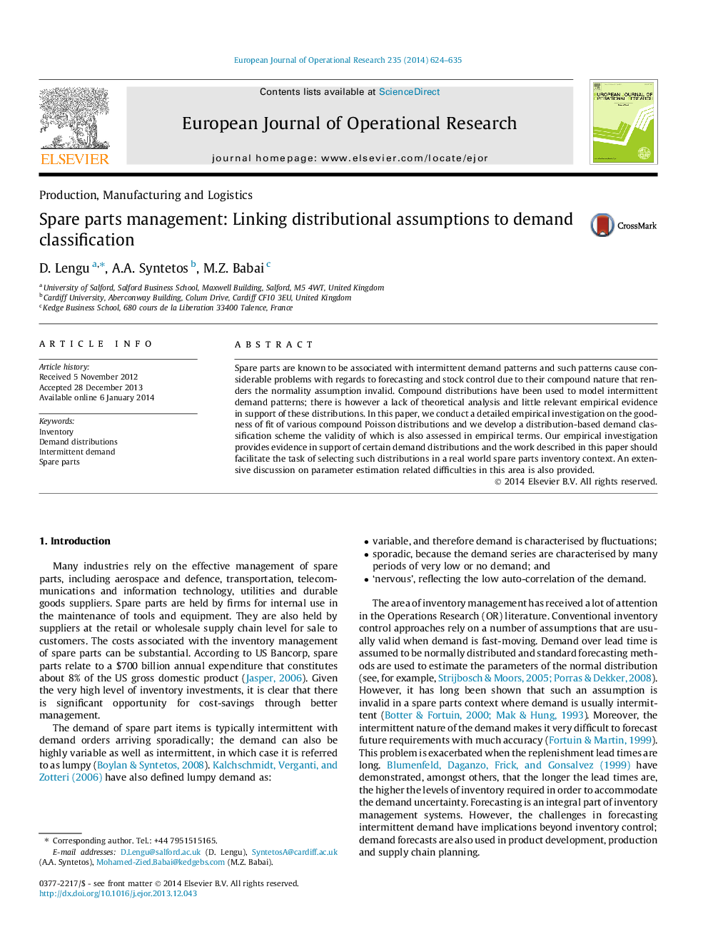 Spare parts management: Linking distributional assumptions to demand classification