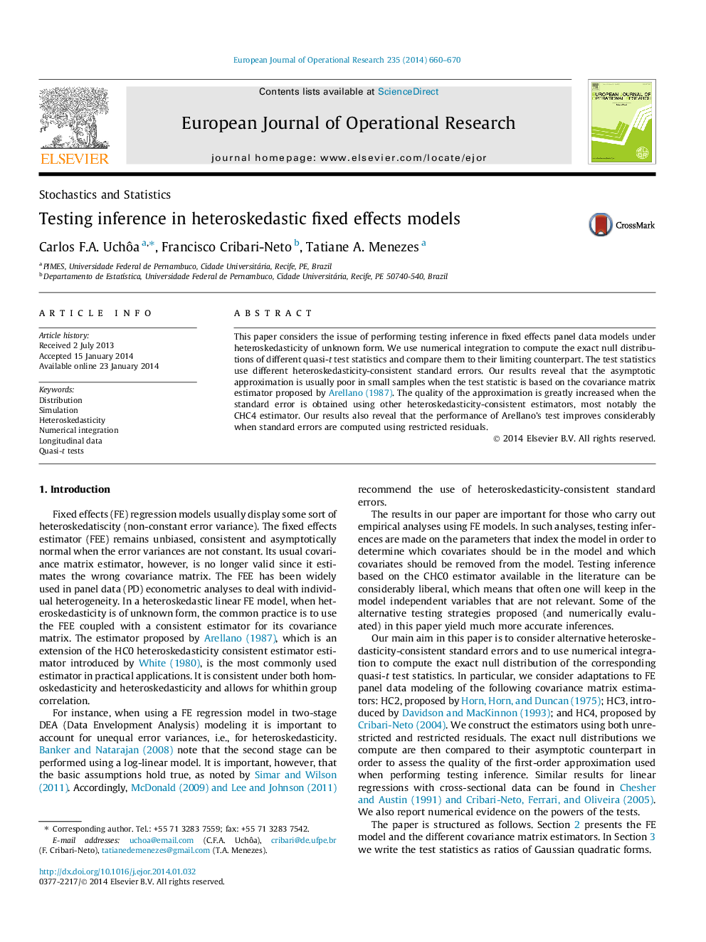 Testing inference in heteroskedastic fixed effects models