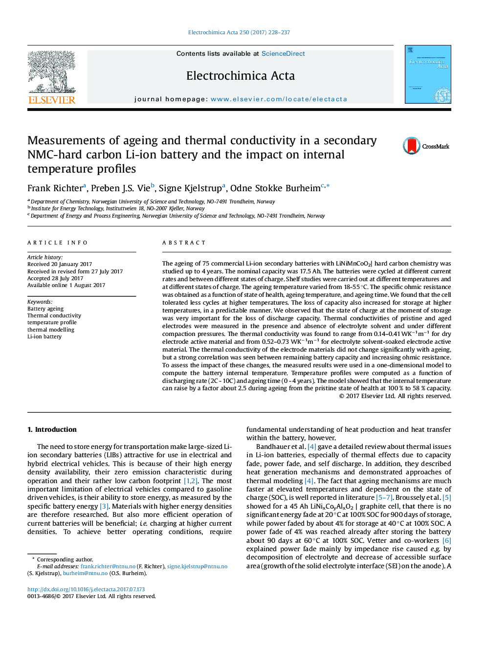 Measurements of ageing and thermal conductivity in a secondary NMC-hard carbon Li-ion battery and the impact on internal temperature profiles