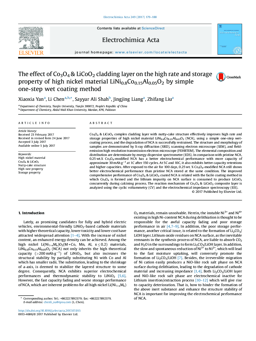 The effect of Co3O4 & LiCoO2 cladding layer on the high rate and storage property of high nickel material LiNi0.8Co0.15Al0.05O2 by simple one-step wet coating method