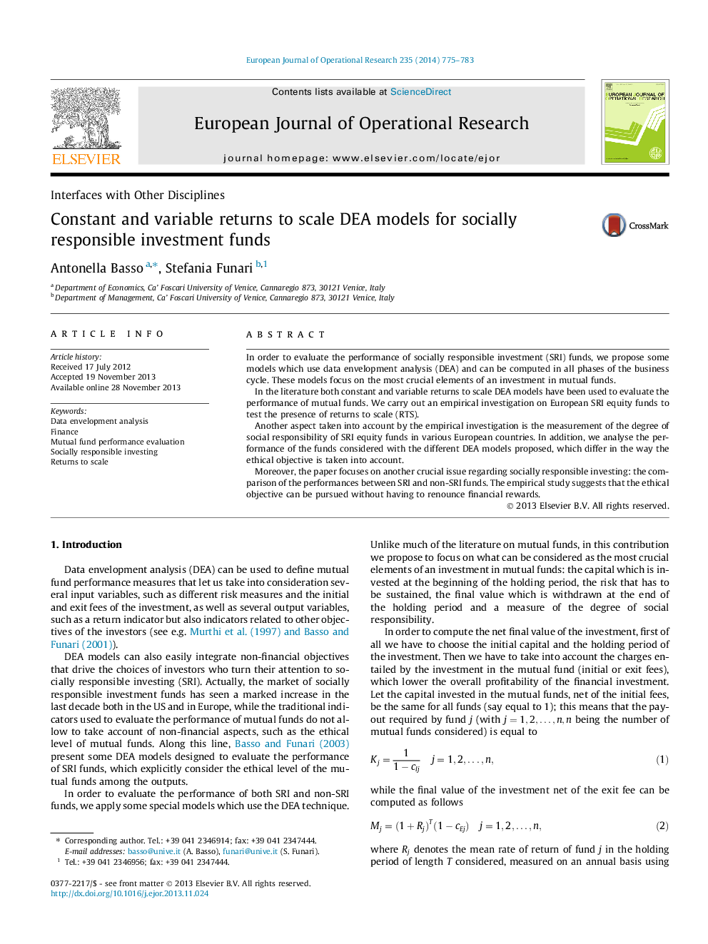 Constant and variable returns to scale DEA models for socially responsible investment funds