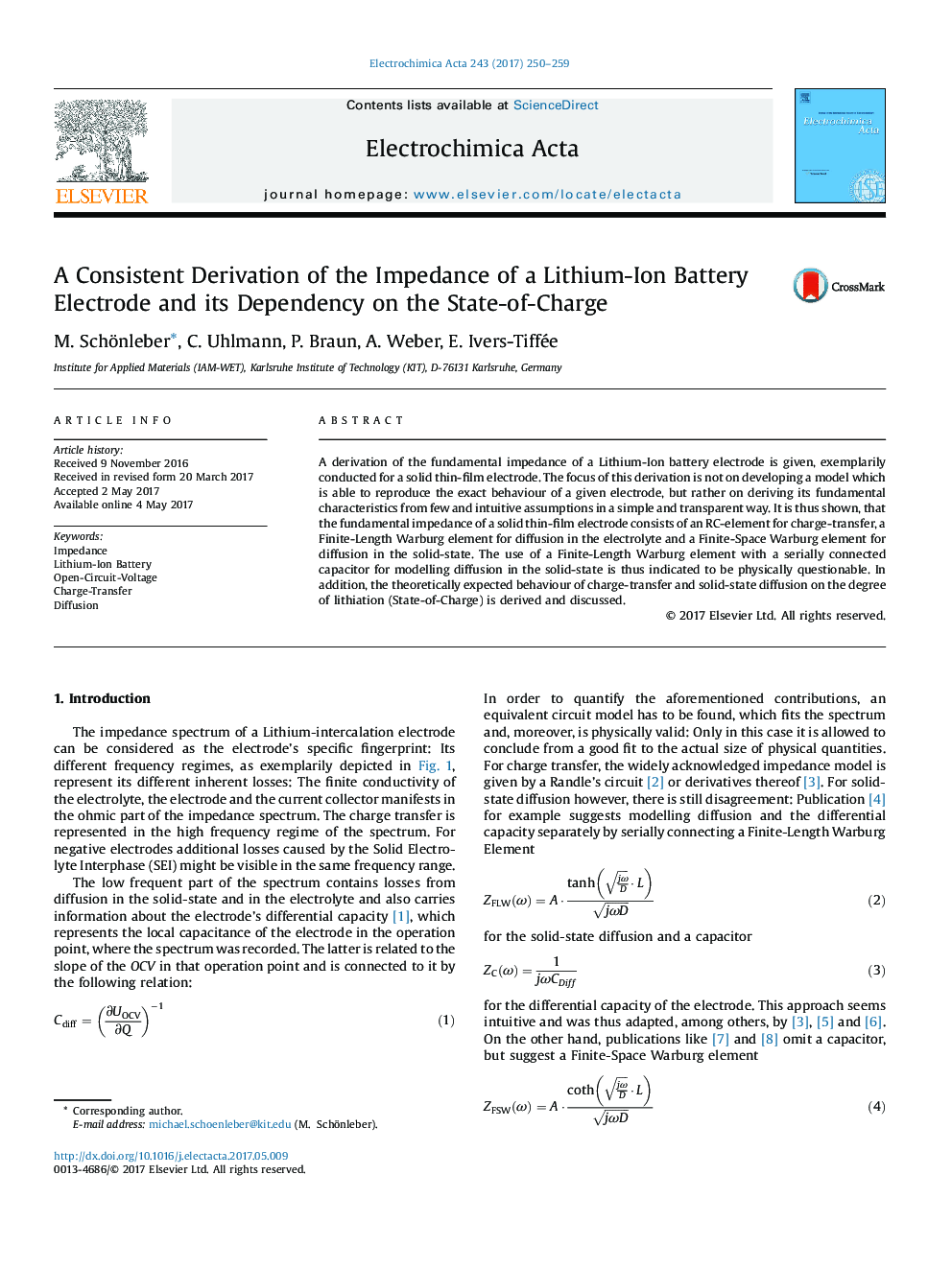 A Consistent Derivation of the Impedance of a Lithium-Ion Battery Electrode and its Dependency on the State-of-Charge