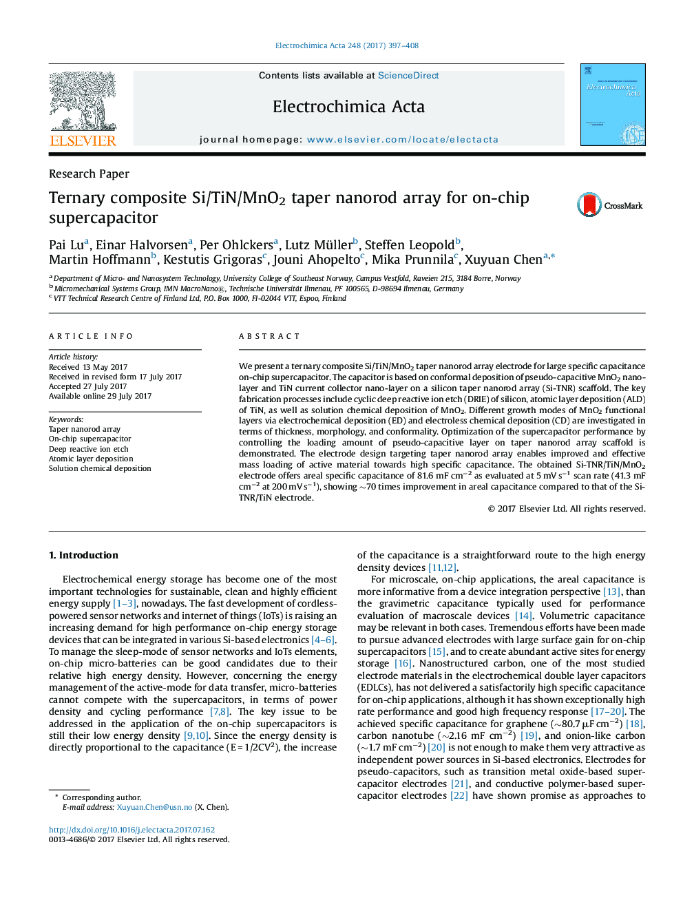 Ternary composite Si/TiN/MnO2 taper nanorod array for on-chip supercapacitor