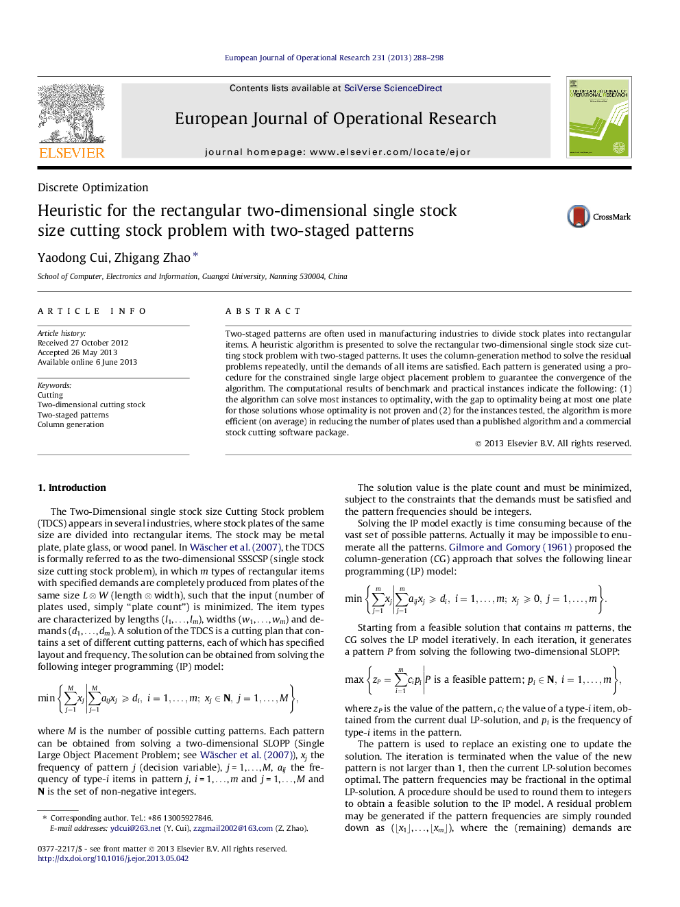 Heuristic for the rectangular two-dimensional single stock size cutting stock problem with two-staged patterns