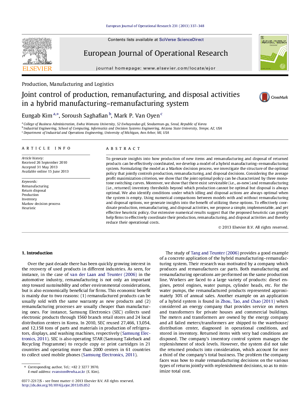 Joint control of production, remanufacturing, and disposal activities in a hybrid manufacturing–remanufacturing system