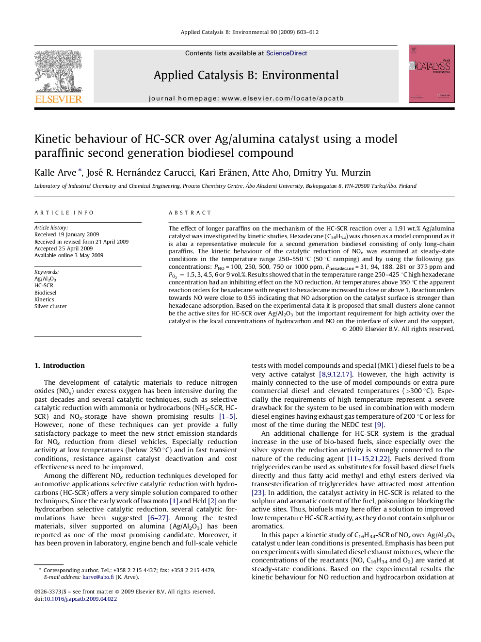 Kinetic behaviour of HC-SCR over Ag/alumina catalyst using a model paraffinic second generation biodiesel compound