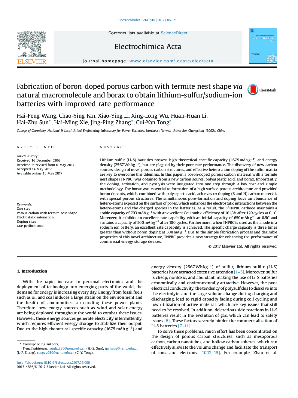 Fabrication of boron-doped porous carbon with termite nest shape via natural macromolecule and borax to obtain lithium-sulfur/sodium-ion batteries with improved rate performance