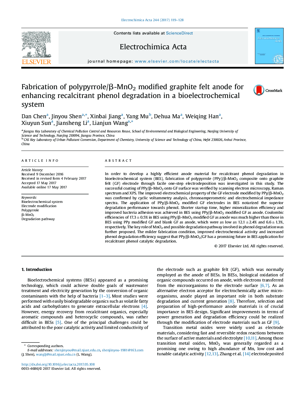 Fabrication of polypyrrole/Î²-MnO2 modified graphite felt anode for enhancing recalcitrant phenol degradation in a bioelectrochemical system