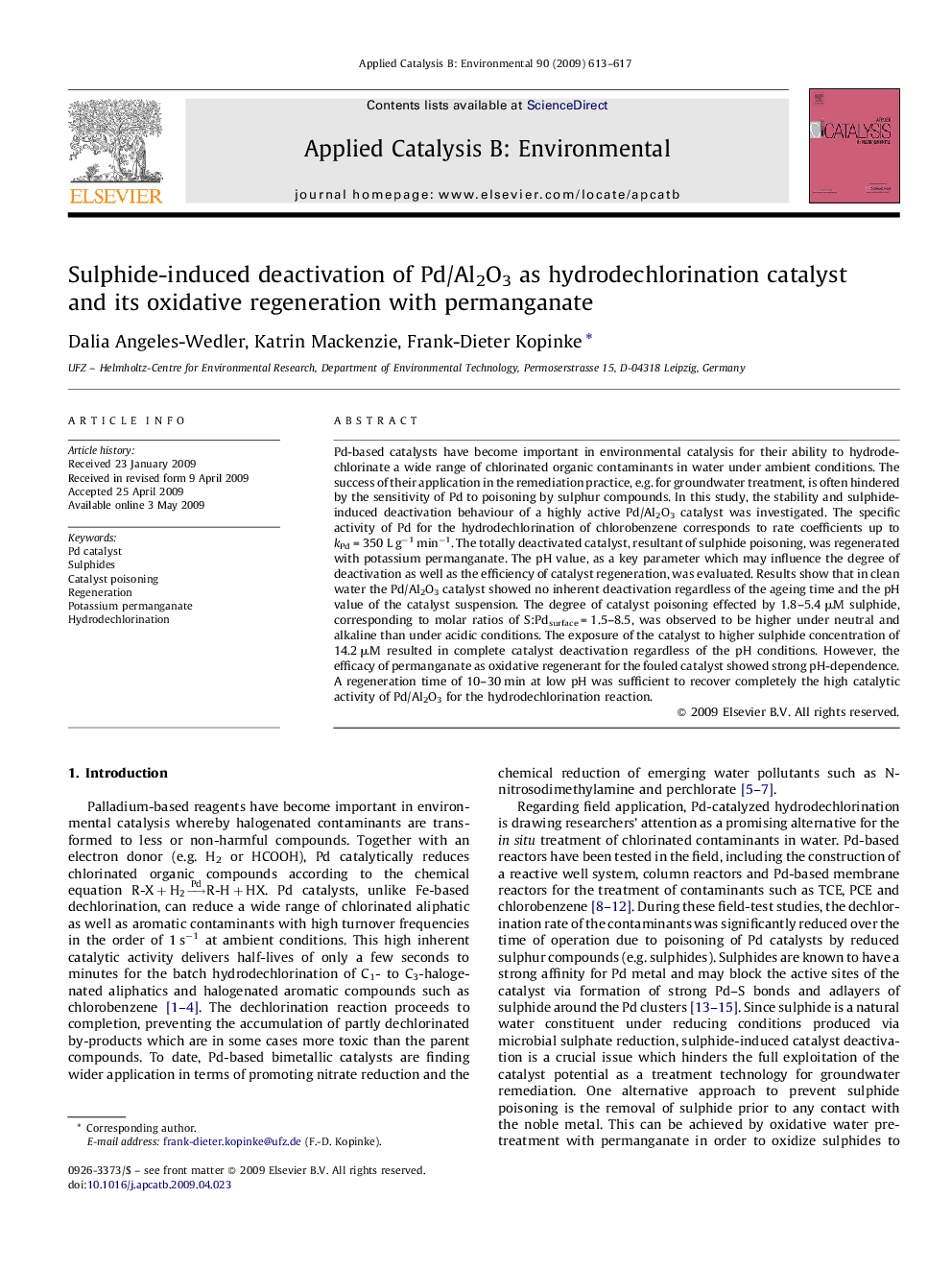 Sulphide-induced deactivation of Pd/Al2O3 as hydrodechlorination catalyst and its oxidative regeneration with permanganate