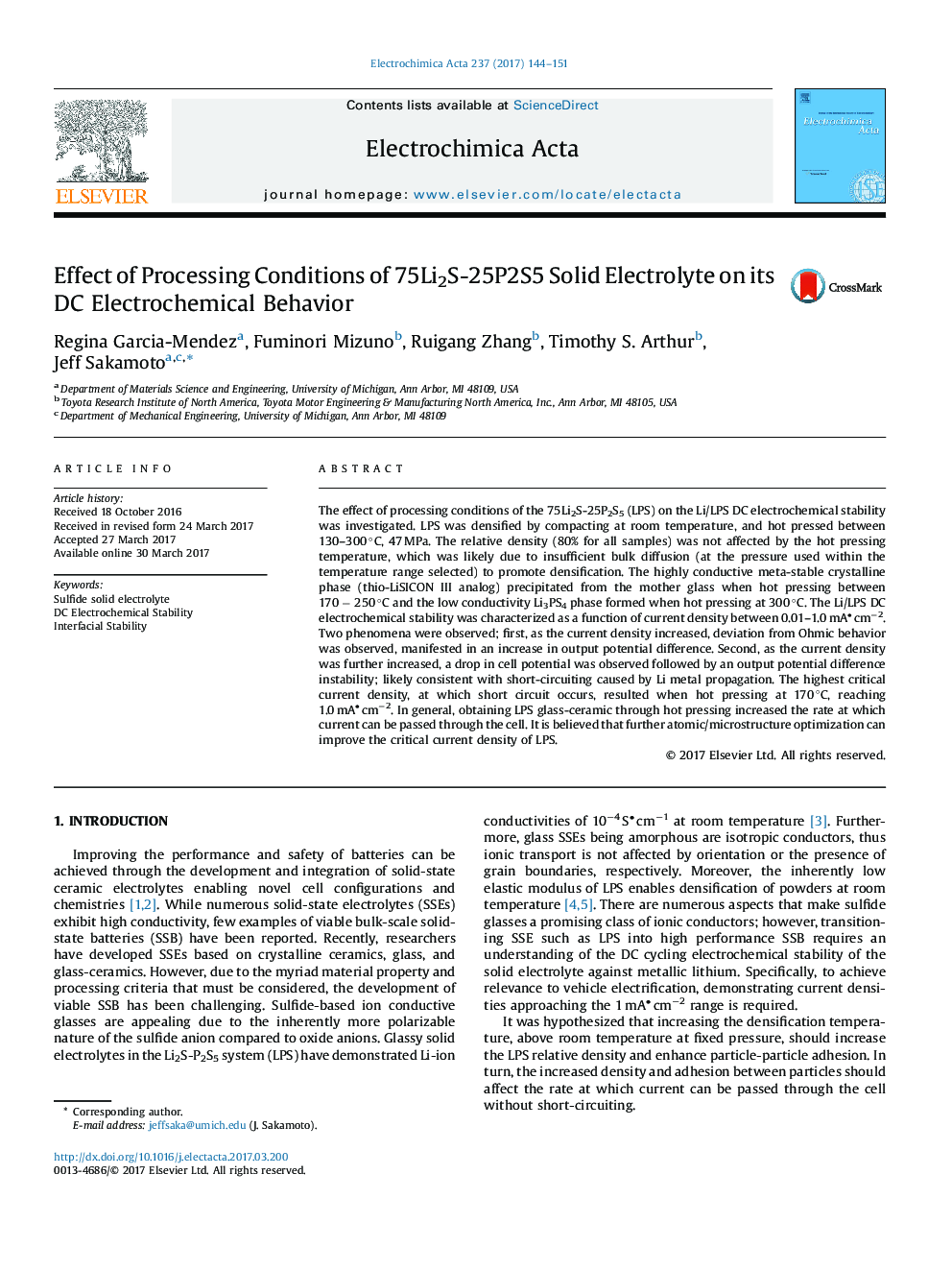 Effect of Processing Conditions of 75Li2S-25P2S5 Solid Electrolyte on its DC Electrochemical Behavior