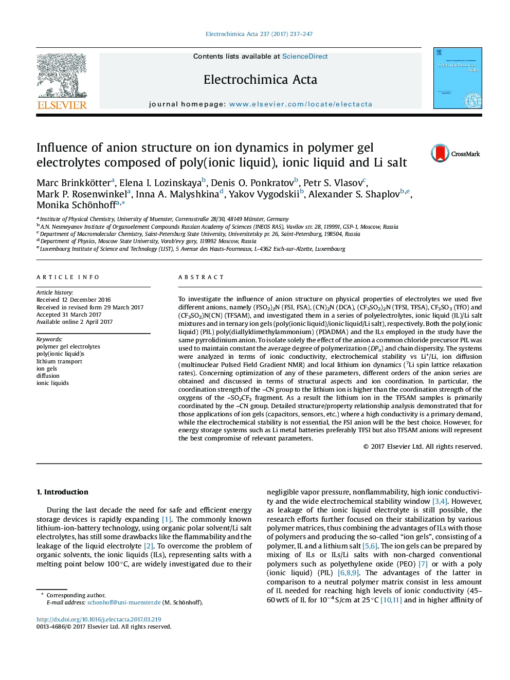 Influence of anion structure on ion dynamics in polymer gel electrolytes composed of poly(ionic liquid), ionic liquid and Li salt