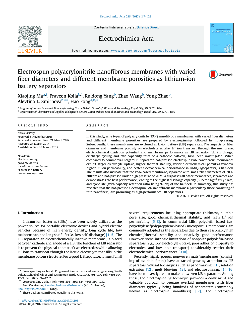 Electrospun polyacrylonitrile nanofibrous membranes with varied fiber diameters and different membrane porosities as lithium-ion battery separators