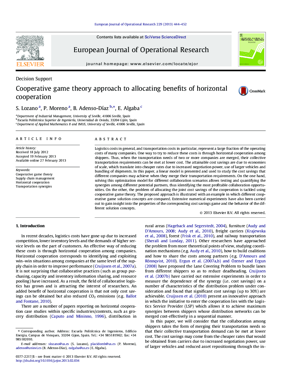 Cooperative game theory approach to allocating benefits of horizontal cooperation