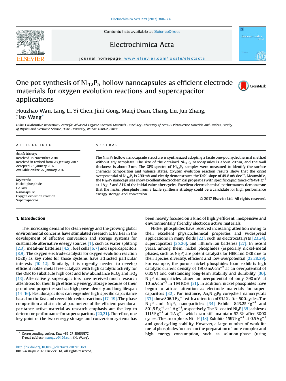 One pot synthesis of Ni12P5 hollow nanocapsules as efficient electrode materials for oxygen evolution reactions and supercapacitor applications