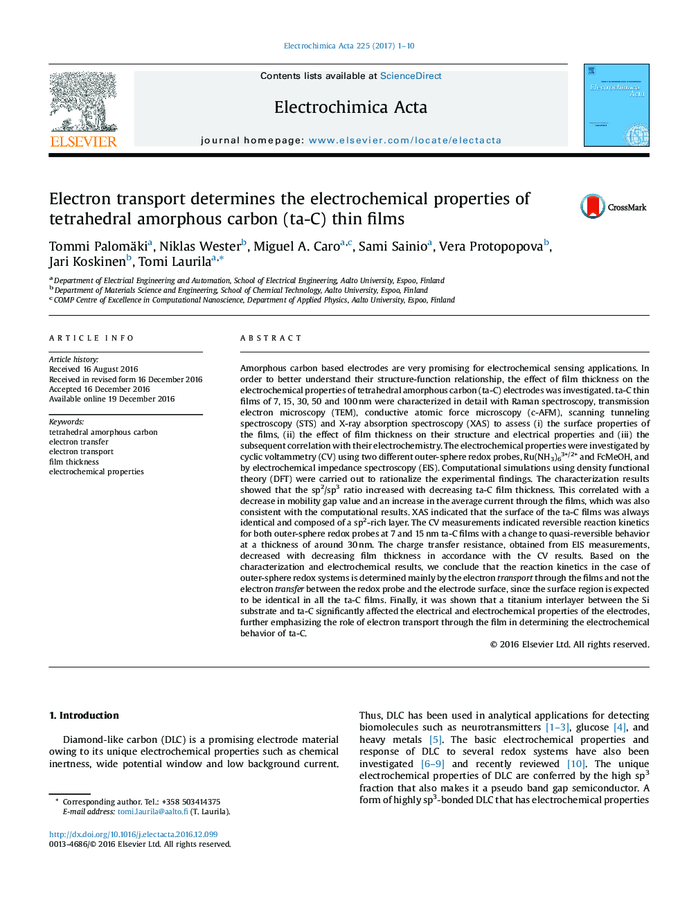 Electron transport determines the electrochemical properties of tetrahedral amorphous carbon (ta-C) thin films