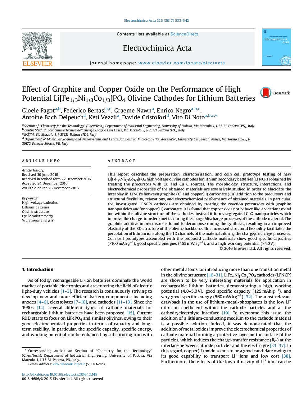 Effect of Graphite and Copper Oxide on the Performance of High Potential Li[Fe1/3Ni1/3Co1/3]PO4 Olivine Cathodes for Lithium Batteries