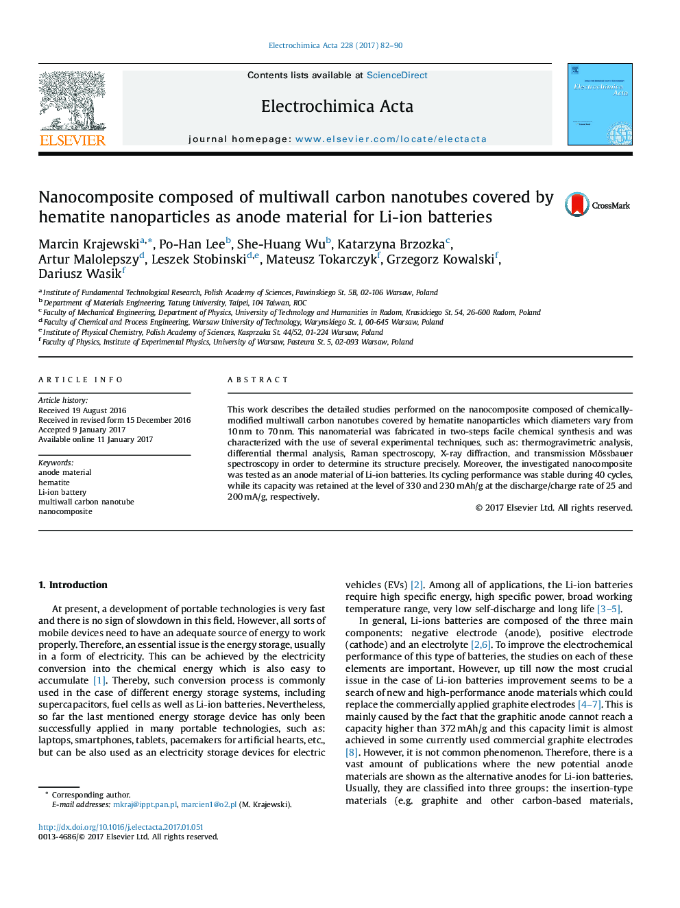 Nanocomposite composed of multiwall carbon nanotubes covered by hematite nanoparticles as anode material for Li-ion batteries