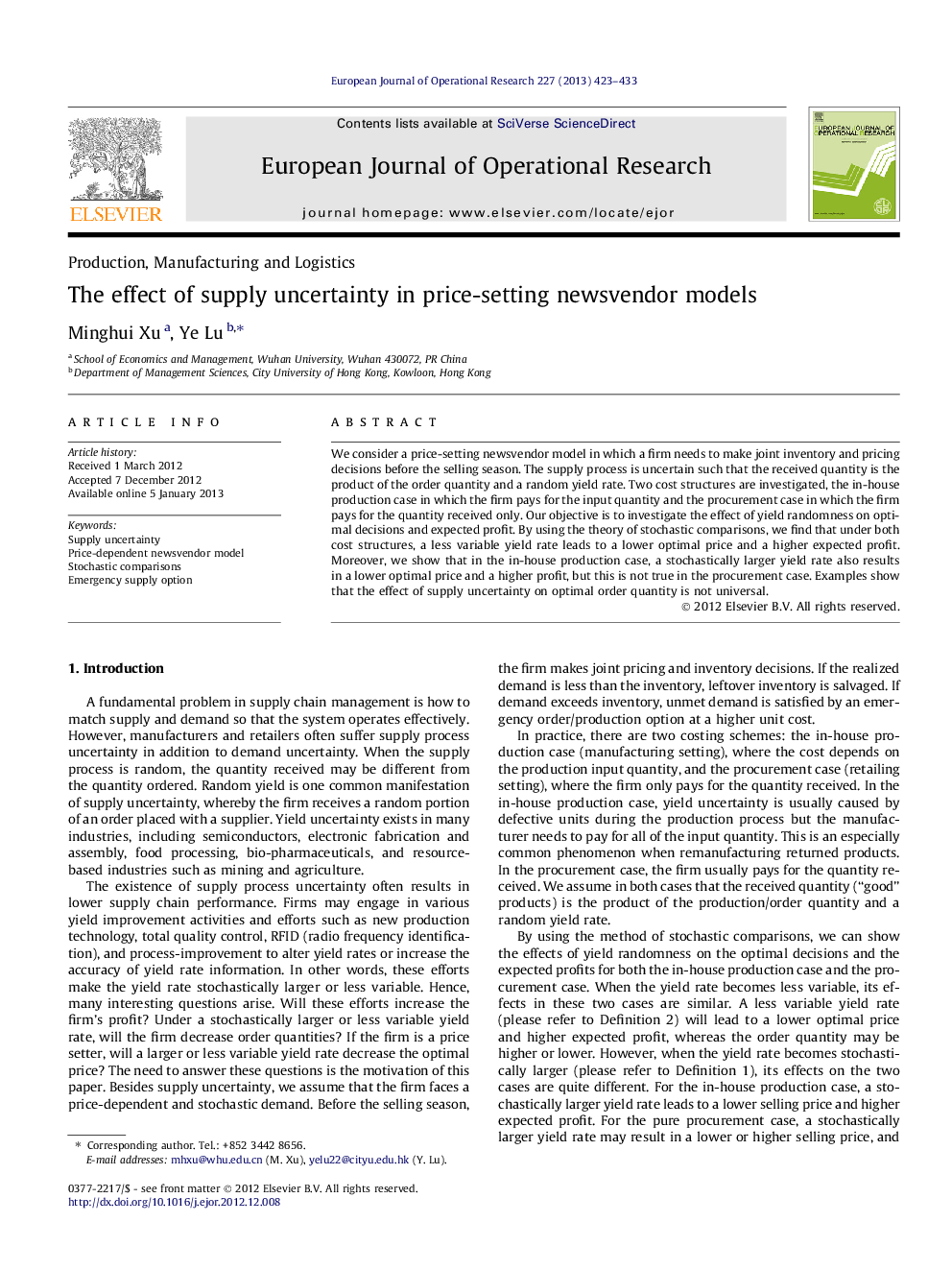 The effect of supply uncertainty in price-setting newsvendor models