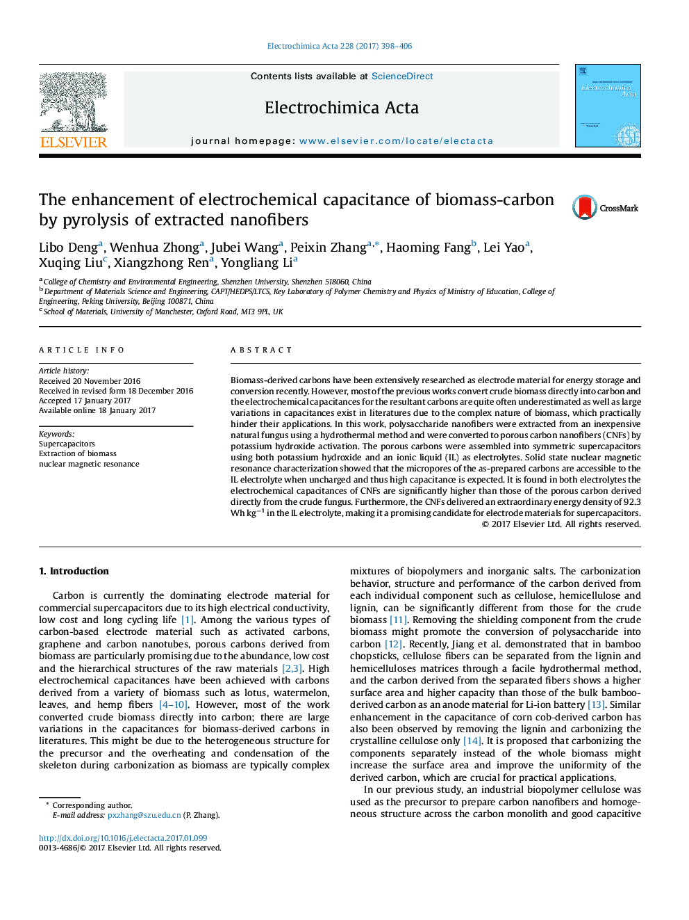 The enhancement of electrochemical capacitance of biomass-carbon by pyrolysis of extracted nanofibers