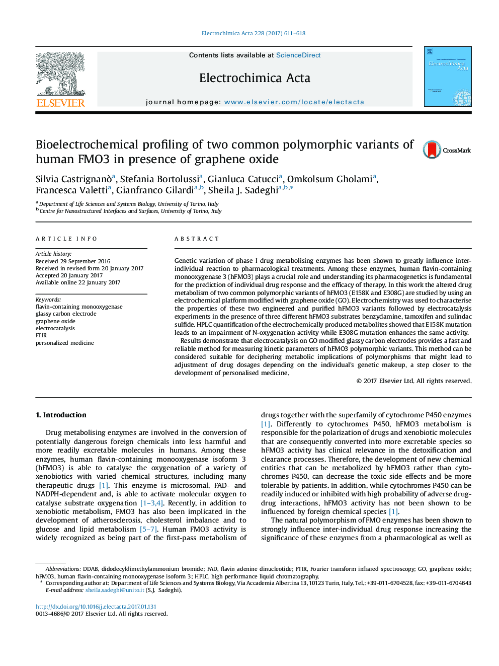 Bioelectrochemical profiling of two common polymorphic variants of human FMO3 in presence of graphene oxide