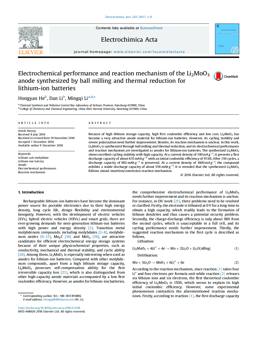 Electrochemical performance and reaction mechanism of the Li2MoO3 anode synthesized by ball milling and thermal reduction for lithium-ion batteries