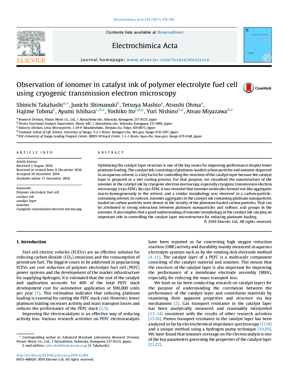 Observation of ionomer in catalyst ink of polymer electrolyte fuel cell using cryogenic transmission electron microscopy